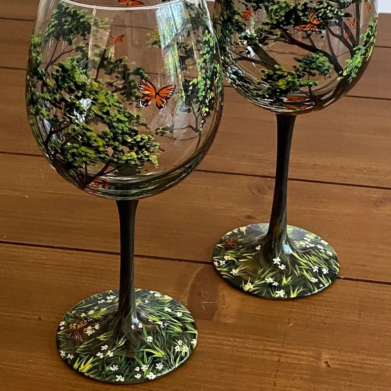 Copas de vino con diseño de árbol de las cuatro estaciones - Arte pintado a mano