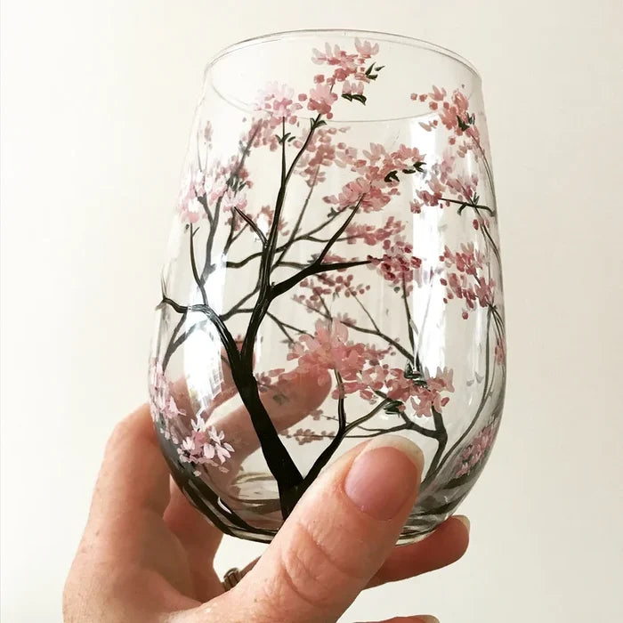Copas de vino con diseño de árbol de las cuatro estaciones - Arte pintado a mano