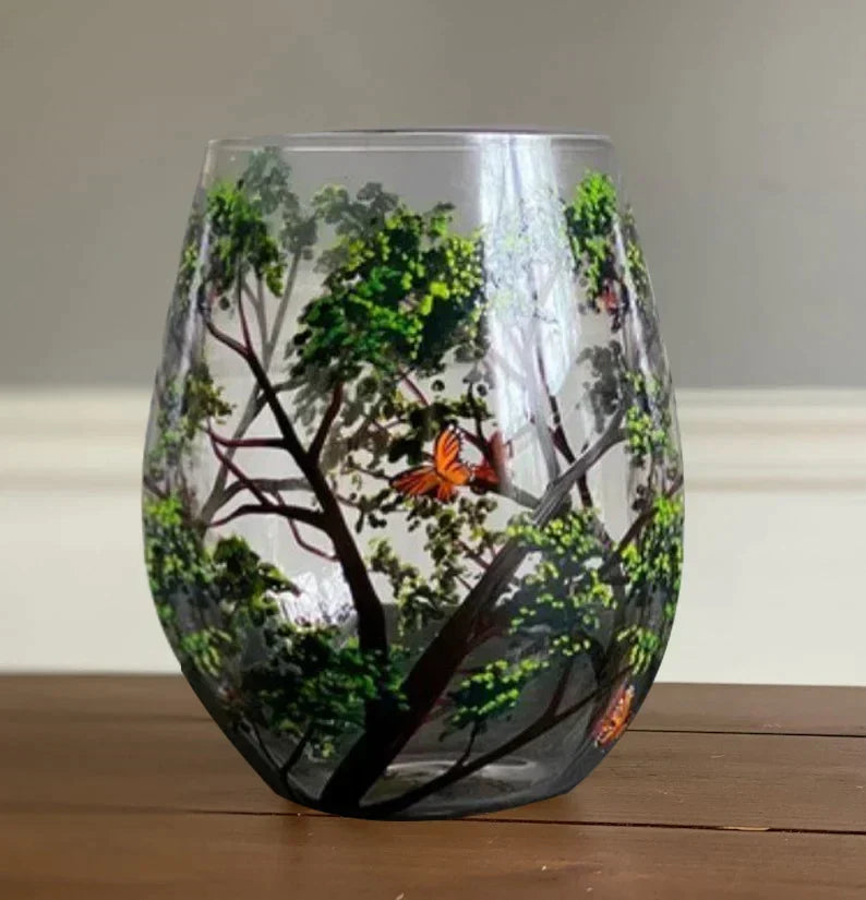 Copas de vino con diseño de árbol de las cuatro estaciones - Arte pintado a mano