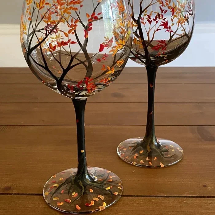 Copas de vino con diseño de árbol de las cuatro estaciones - Arte pintado a mano