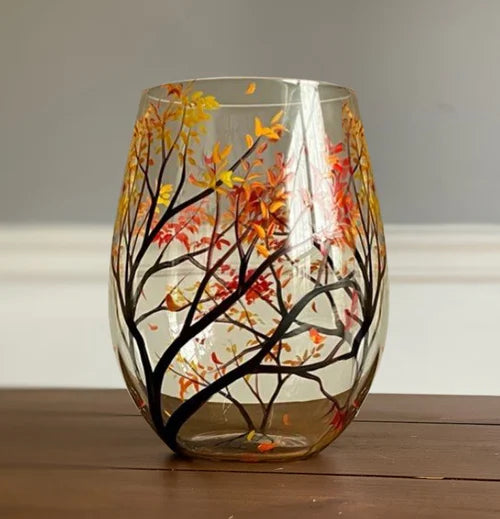 Copas de vino con diseño de árbol de las cuatro estaciones - Arte pintado a mano