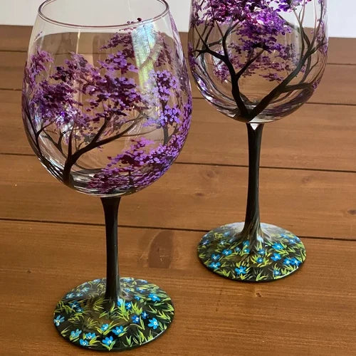 Copas de vino con diseño de árbol de las cuatro estaciones - Arte pintado a mano