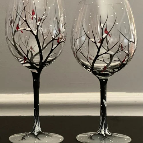 Copas de vino con diseño de árbol de las cuatro estaciones - Arte pintado a mano