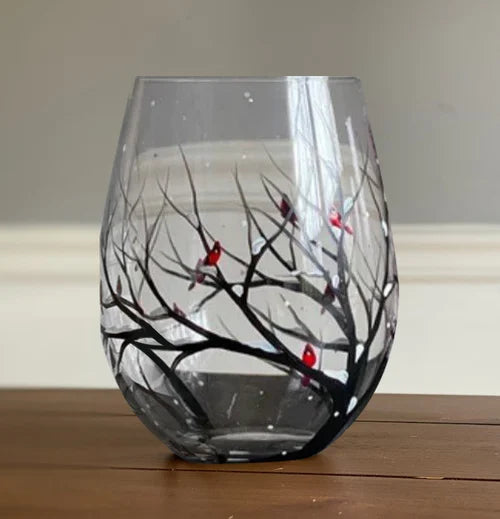 Copas de vino con diseño de árbol de las cuatro estaciones - Arte pintado a mano