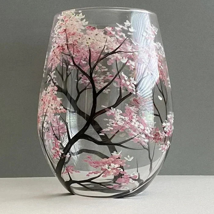 Copas de vino con diseño de árbol de las cuatro estaciones - Arte pintado a mano