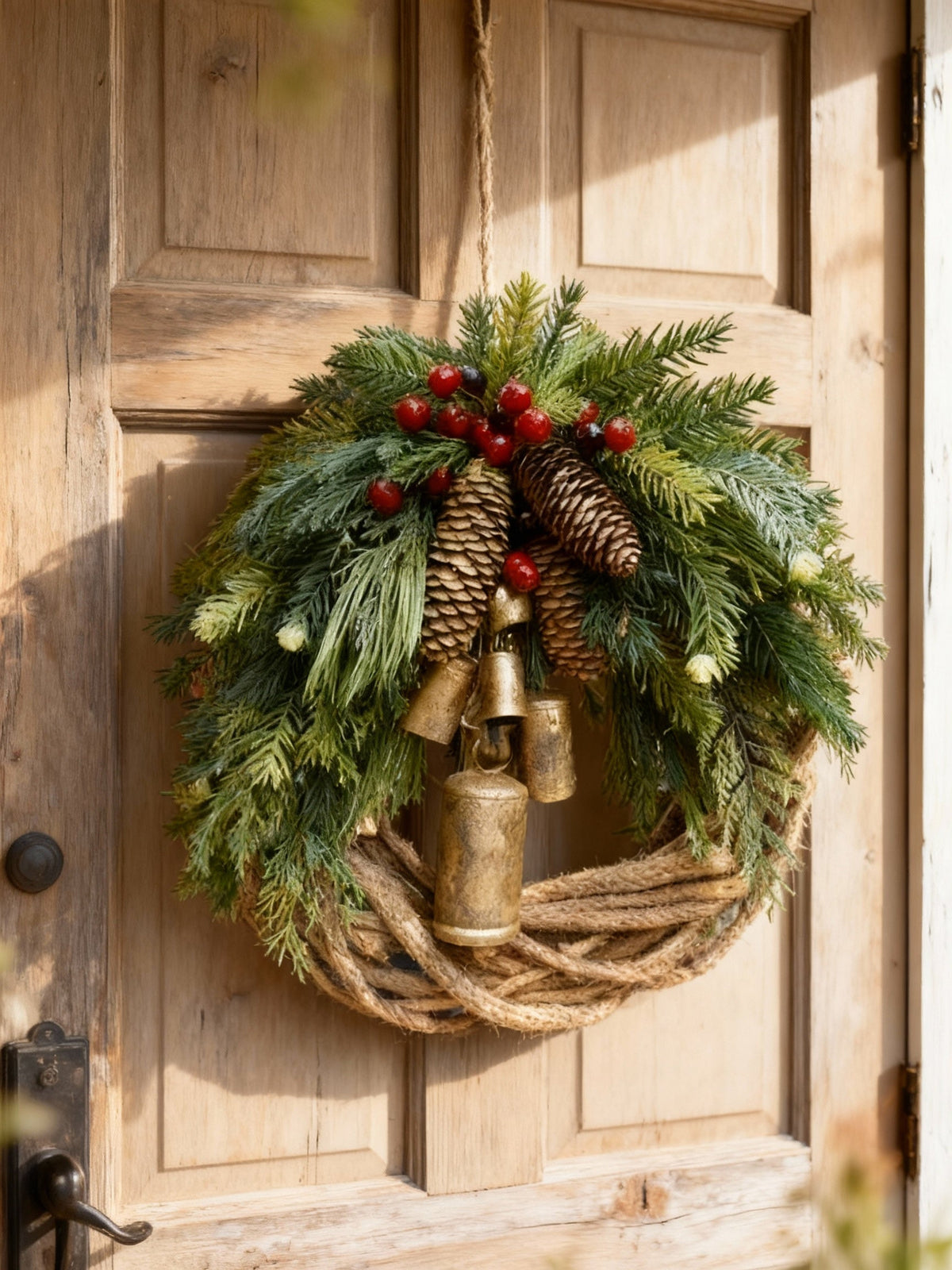 Corona de invierno hecha a mano de estilo boho con campanas, piñas y bayas para interior y exterior