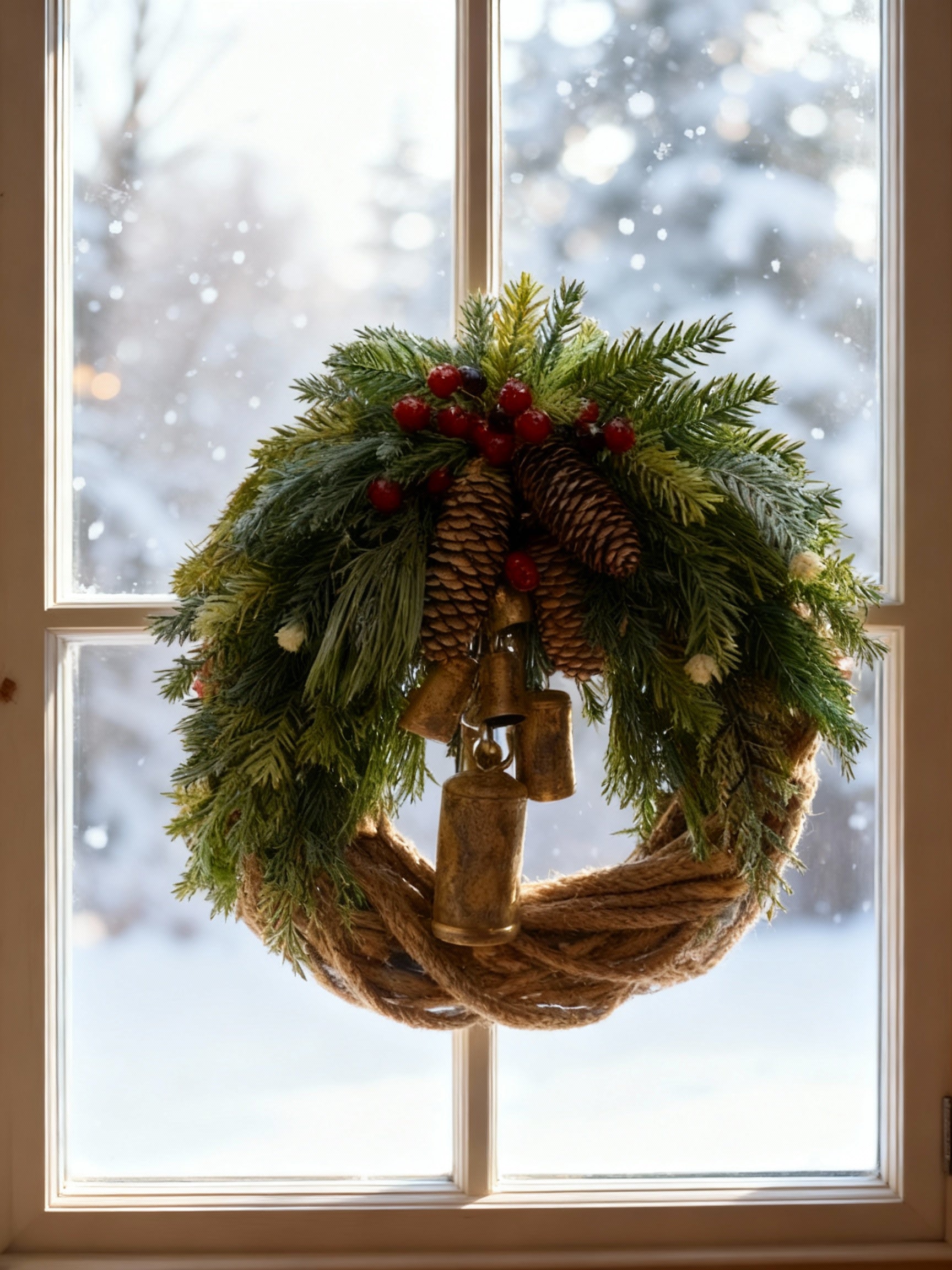 Corona de invierno hecha a mano de estilo boho con campanas, piñas y bayas para interior y exterior