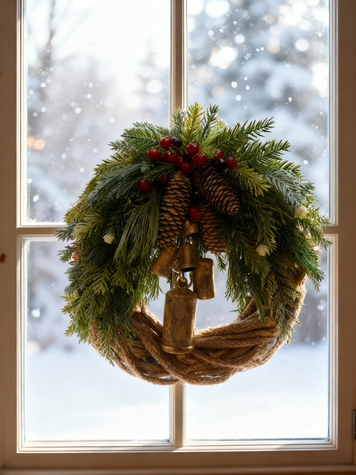 Corona de invierno hecha a mano de estilo boho con campanas, piñas y bayas para interior y exterior