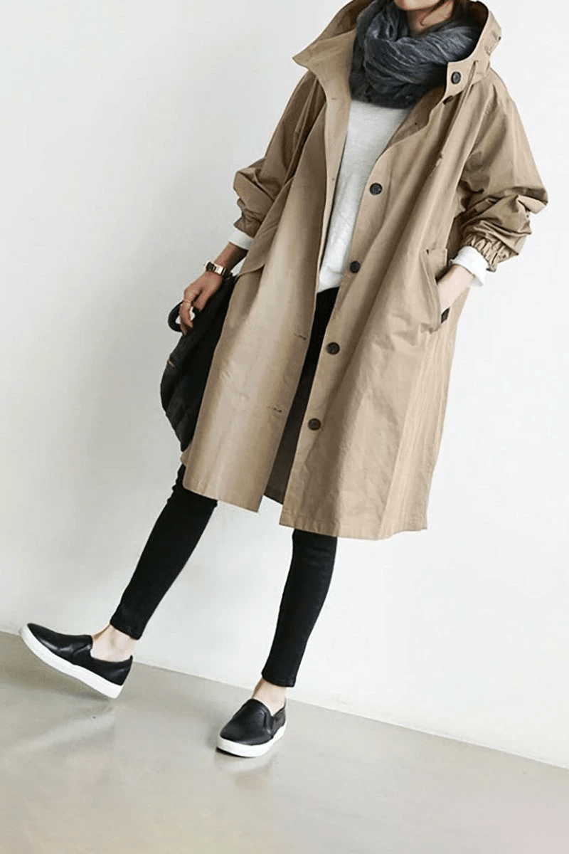Cortavientos impermeable para mujer con botones y capucha