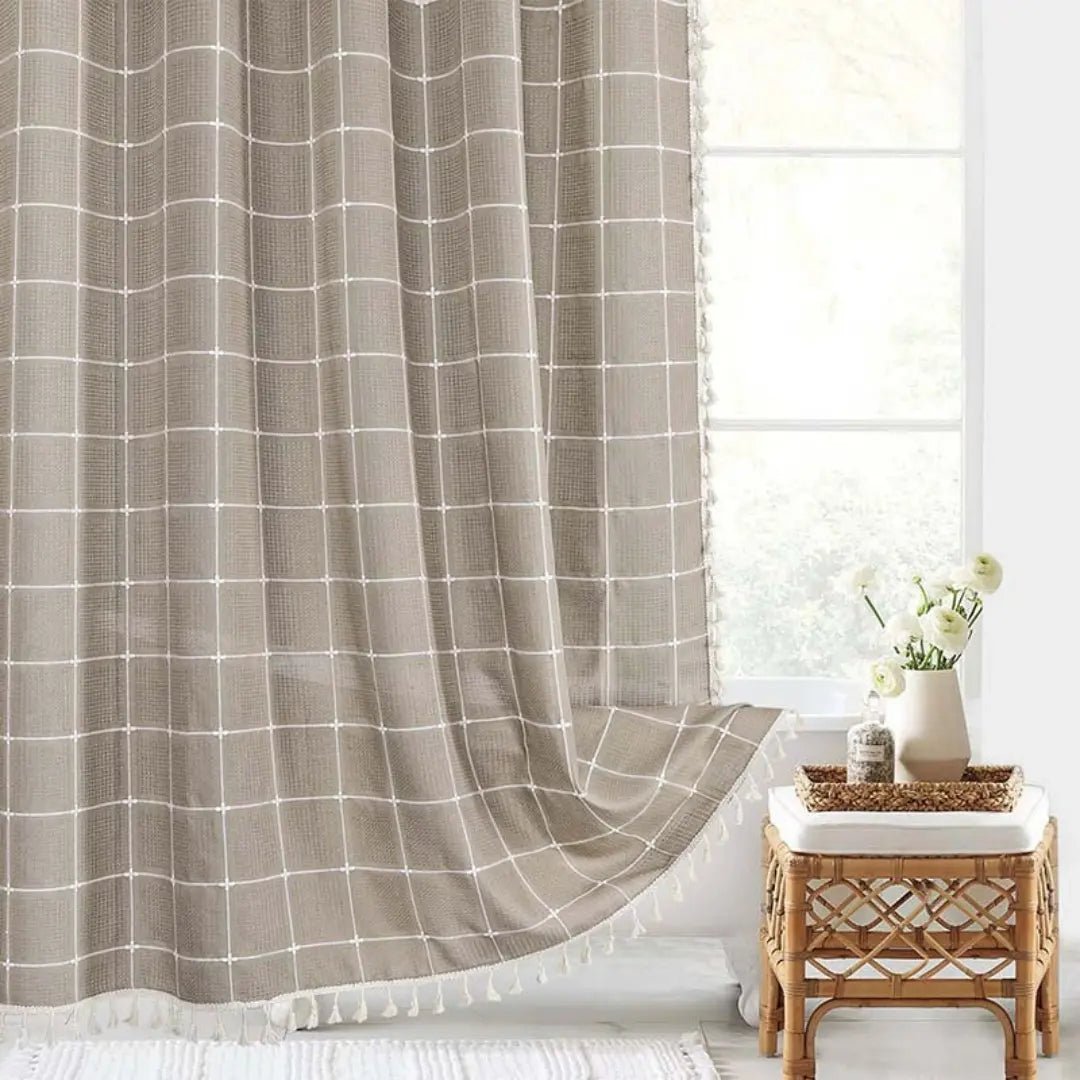 Cortina de ducha de lino estilo bohemio con borlas y diseño impermeable