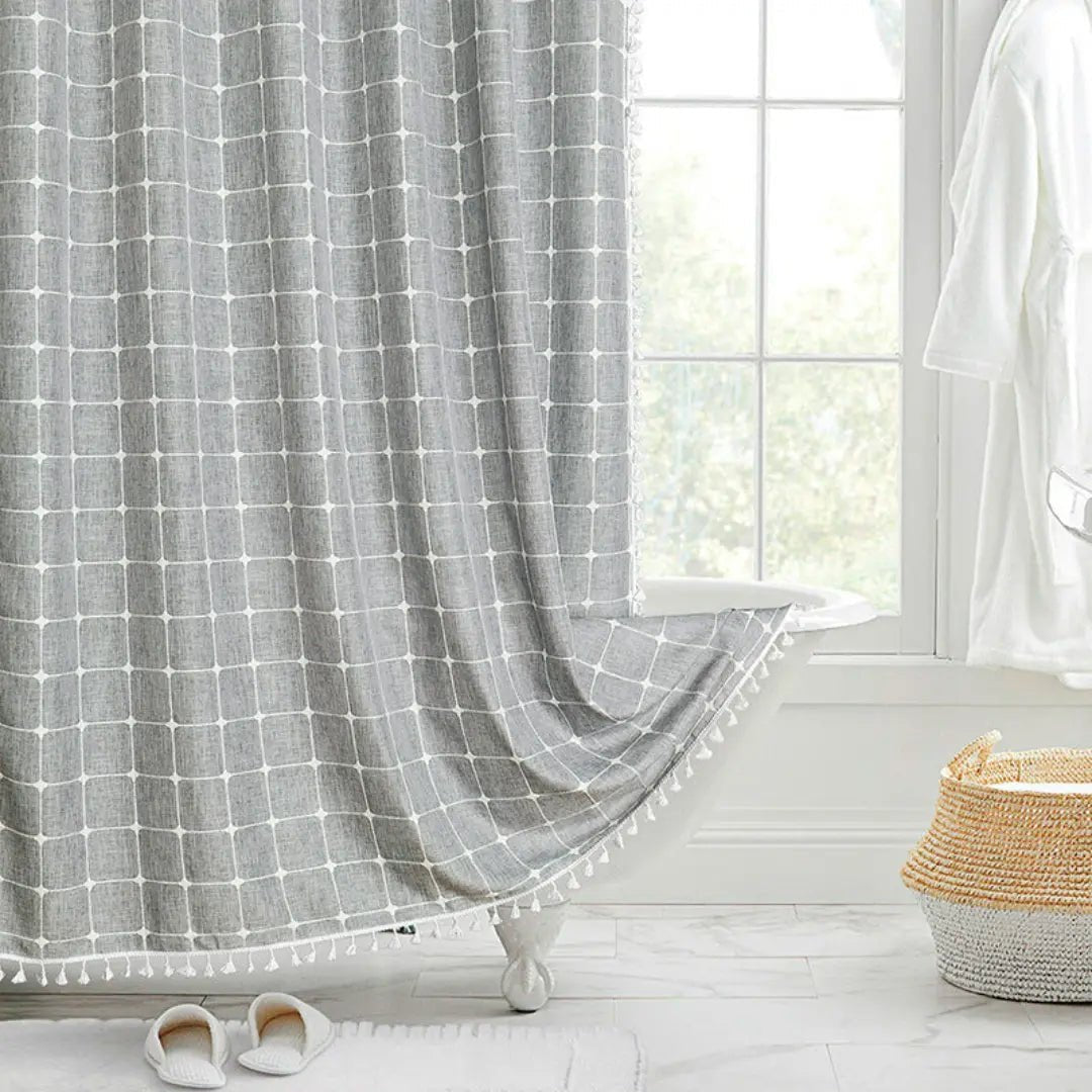 Cortina de ducha de lino estilo bohemio con borlas y diseño impermeable