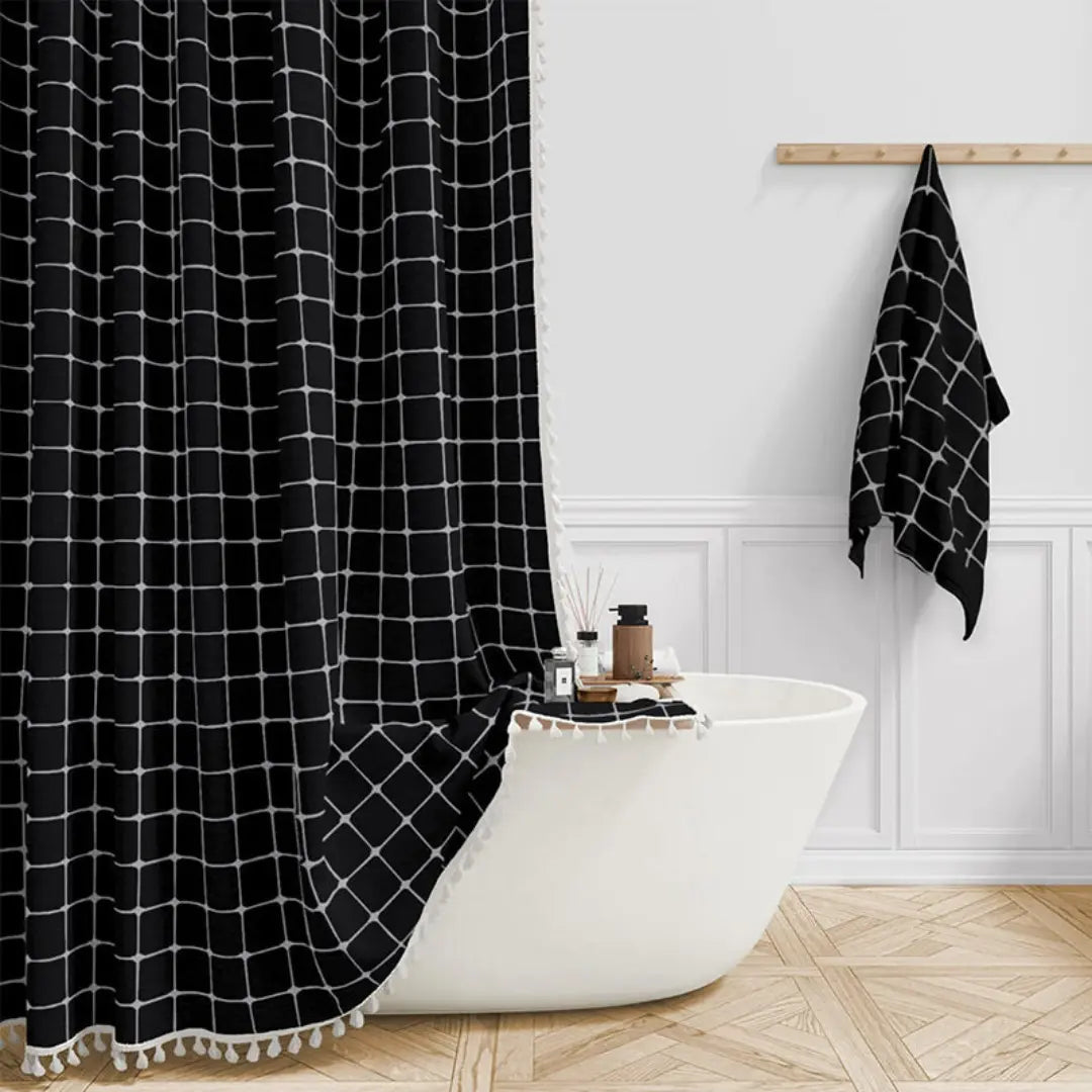 Cortina de ducha de lino estilo bohemio con borlas y diseño impermeable