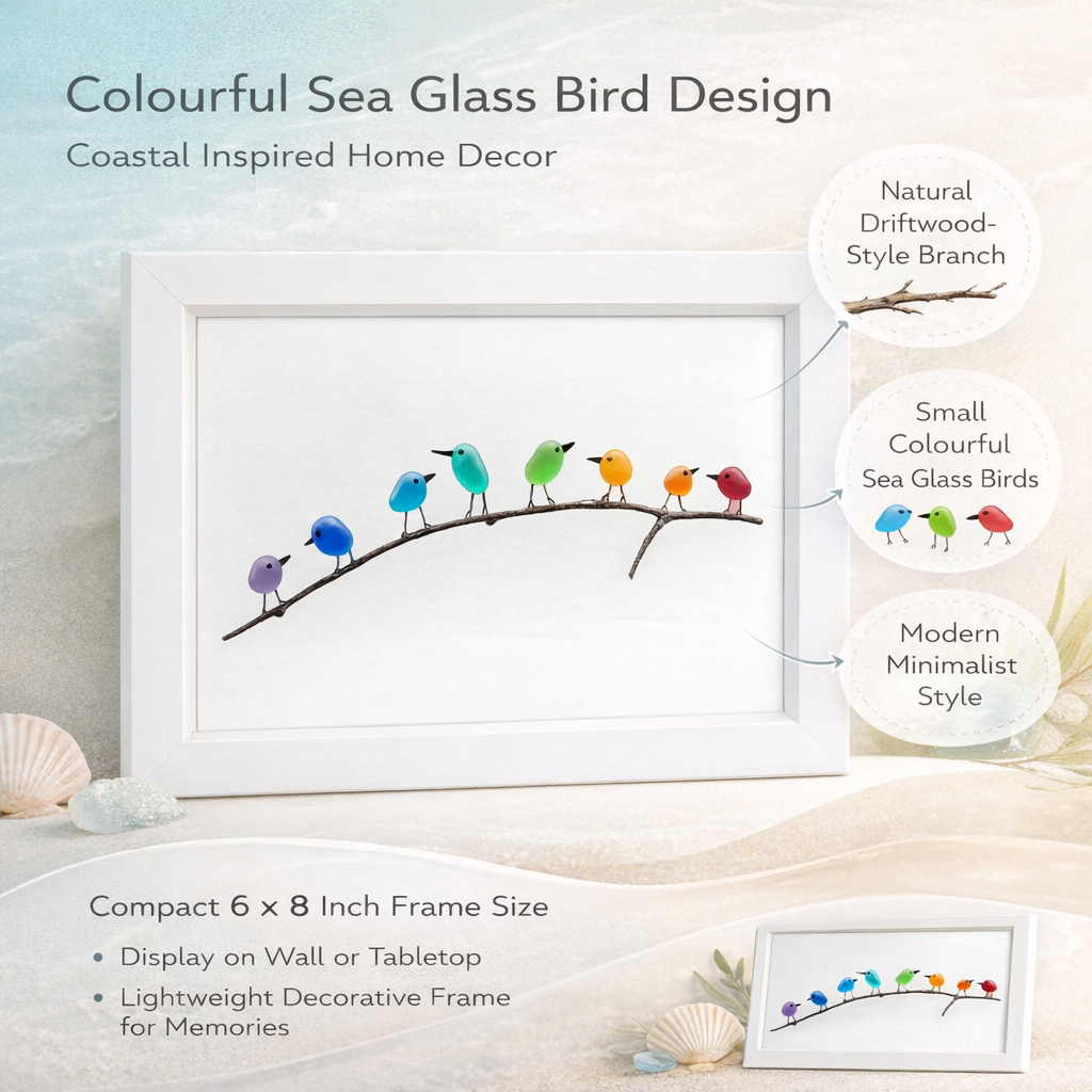Cuadro Decorativo de Pared con Cristal de Mar, Pájaro y Madera Flotante, Decoración Costera