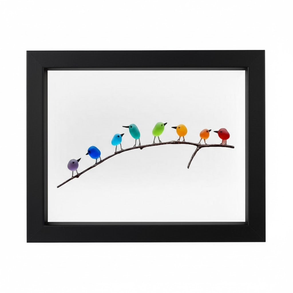 Cuadro Decorativo de Pared con Cristal de Mar, Pájaro y Madera Flotante, Decoración Costera