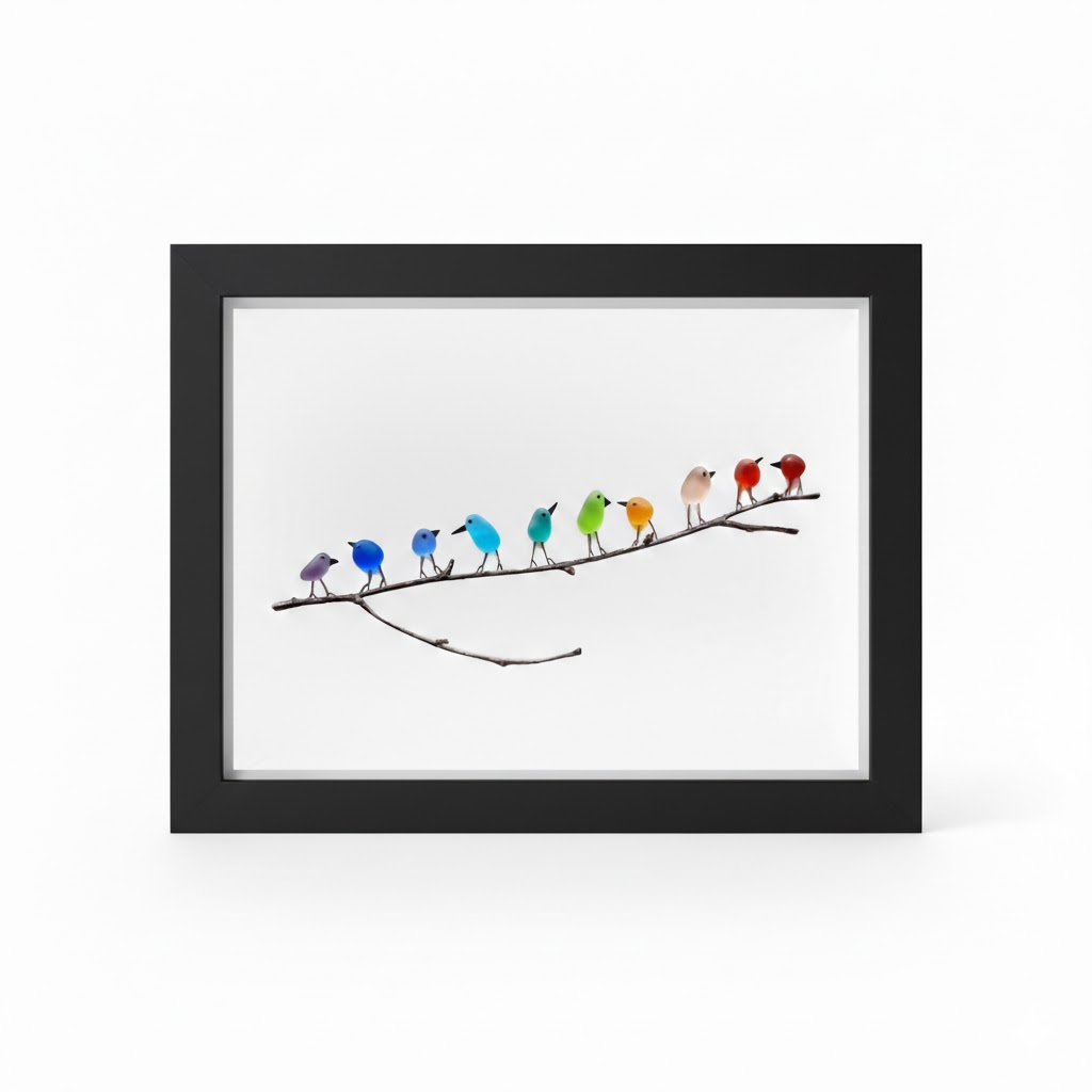 Cuadro Decorativo de Pared con Cristal de Mar, Pájaro y Madera Flotante, Decoración Costera