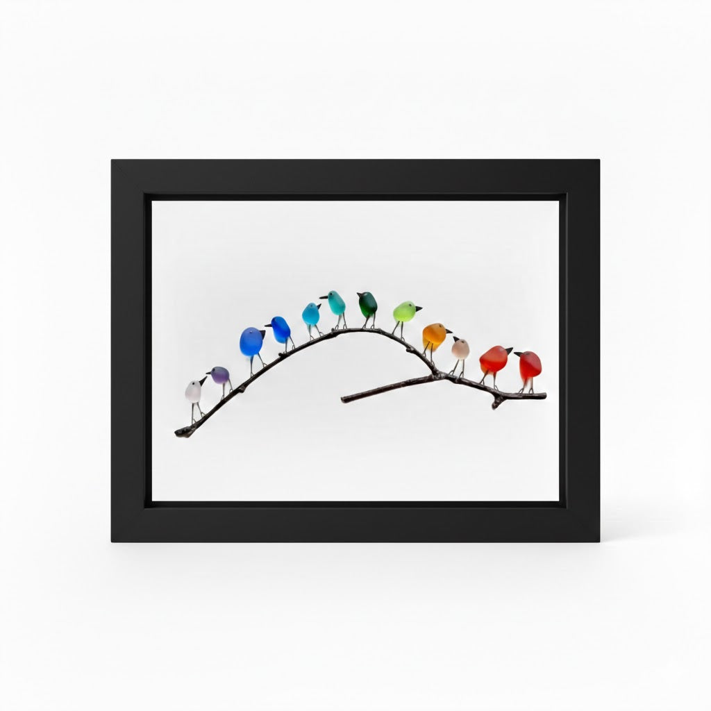 Cuadro Decorativo de Pared con Cristal de Mar, Pájaro y Madera Flotante, Decoración Costera