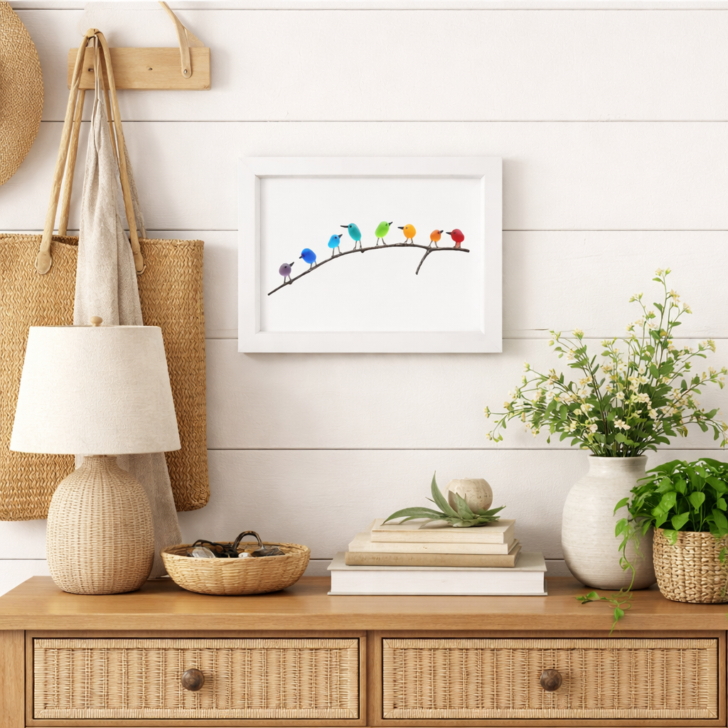 Cuadro Decorativo de Pared con Cristal de Mar, Pájaro y Madera Flotante, Decoración Costera