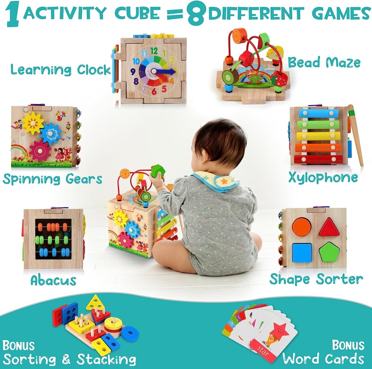 Cubo de Actividades Educativo de Madera 8 en 1 Montessori para Niños con Juegos Didácticos