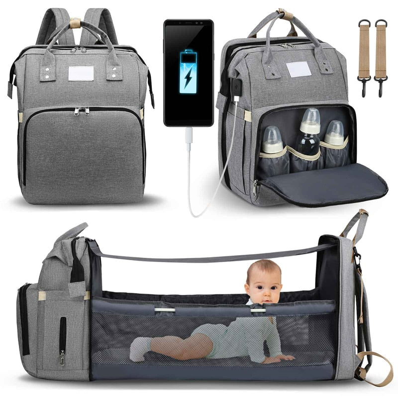 Cuna portátil para bebé y bolso cambiador – Mochila de viaje multifuncional