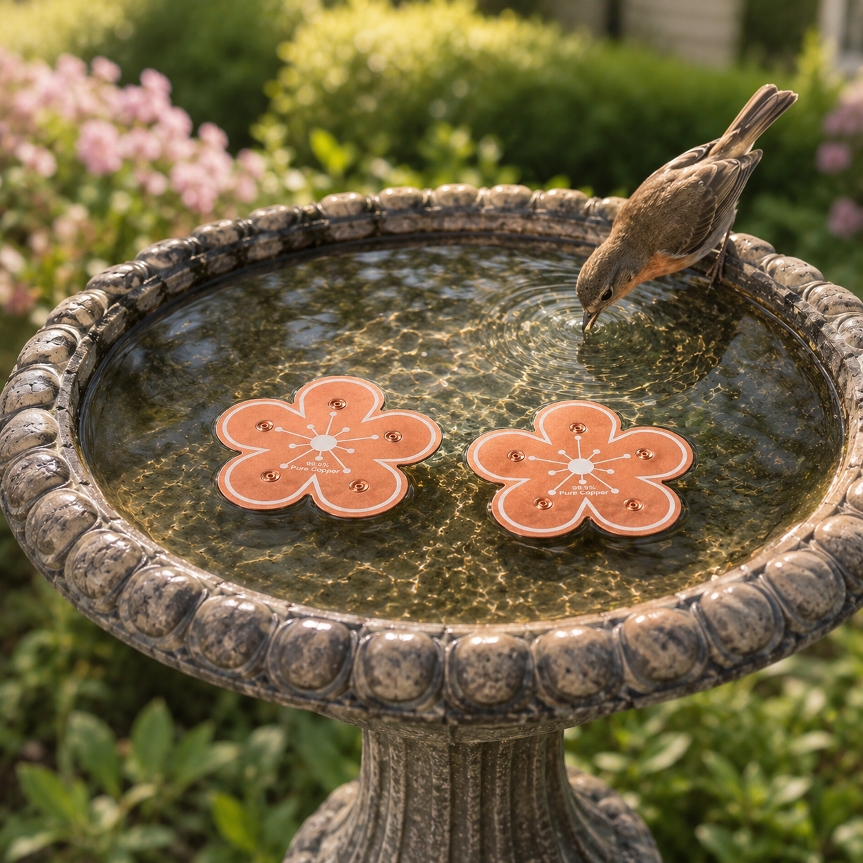 Disco purificador de cobre puro para bebedero de pájaros con diseño de flor para el control de algas