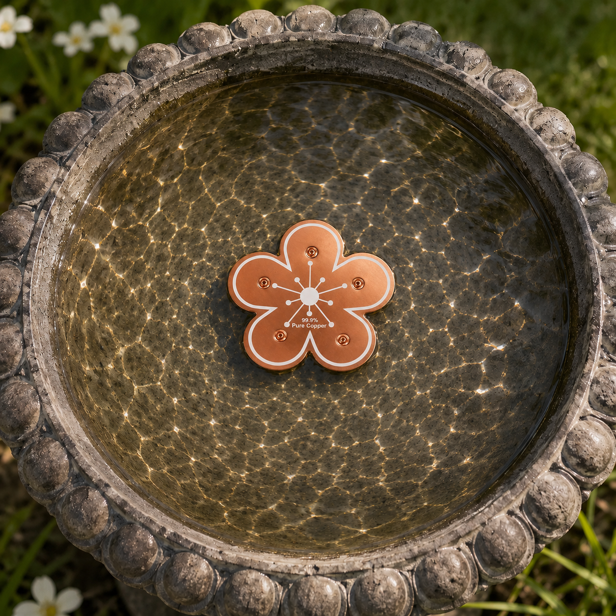 Disco purificador de cobre puro para bebedero de pájaros con diseño de flor para el control de algas