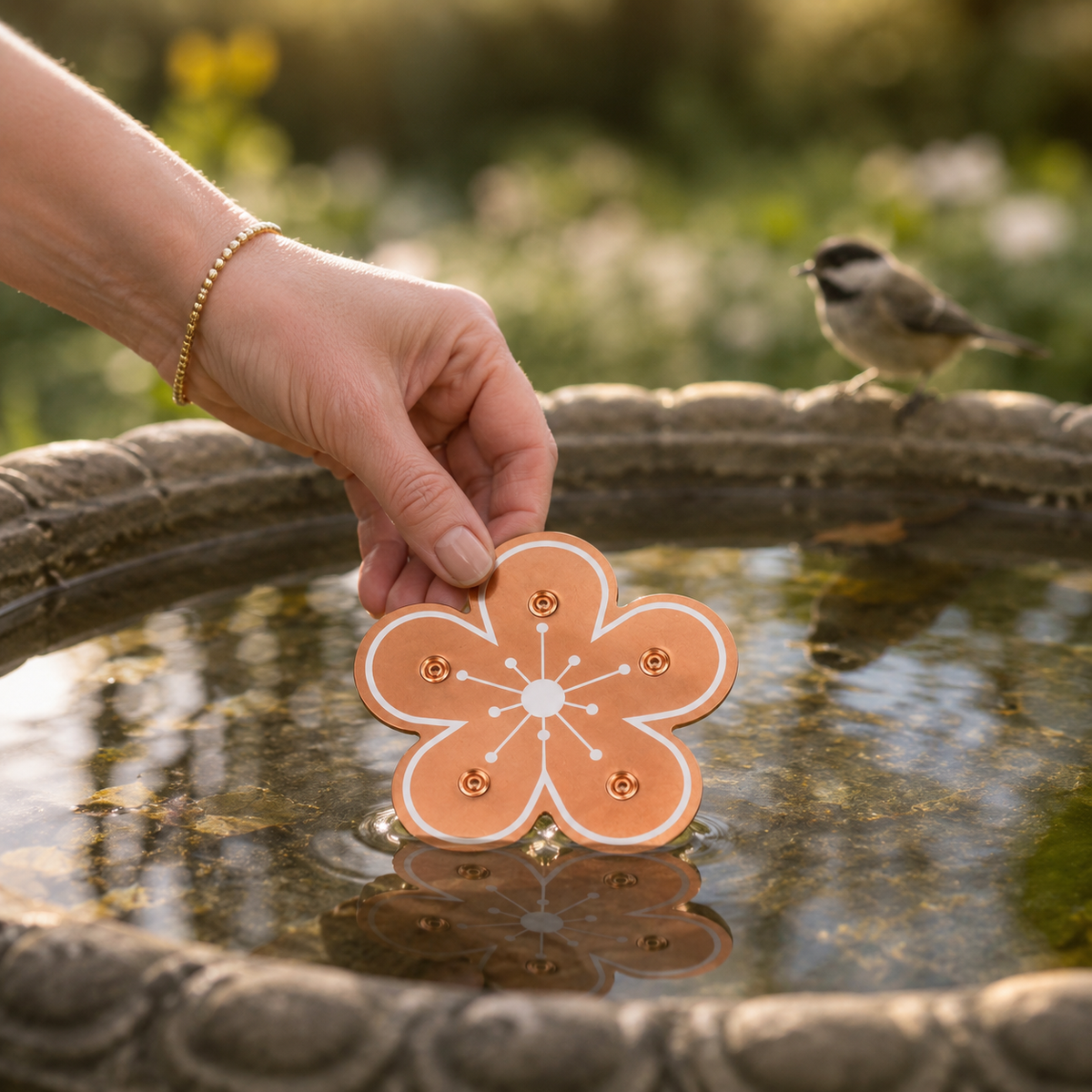 Disco purificador de cobre puro para bebedero de pájaros con diseño de flor para el control de algas