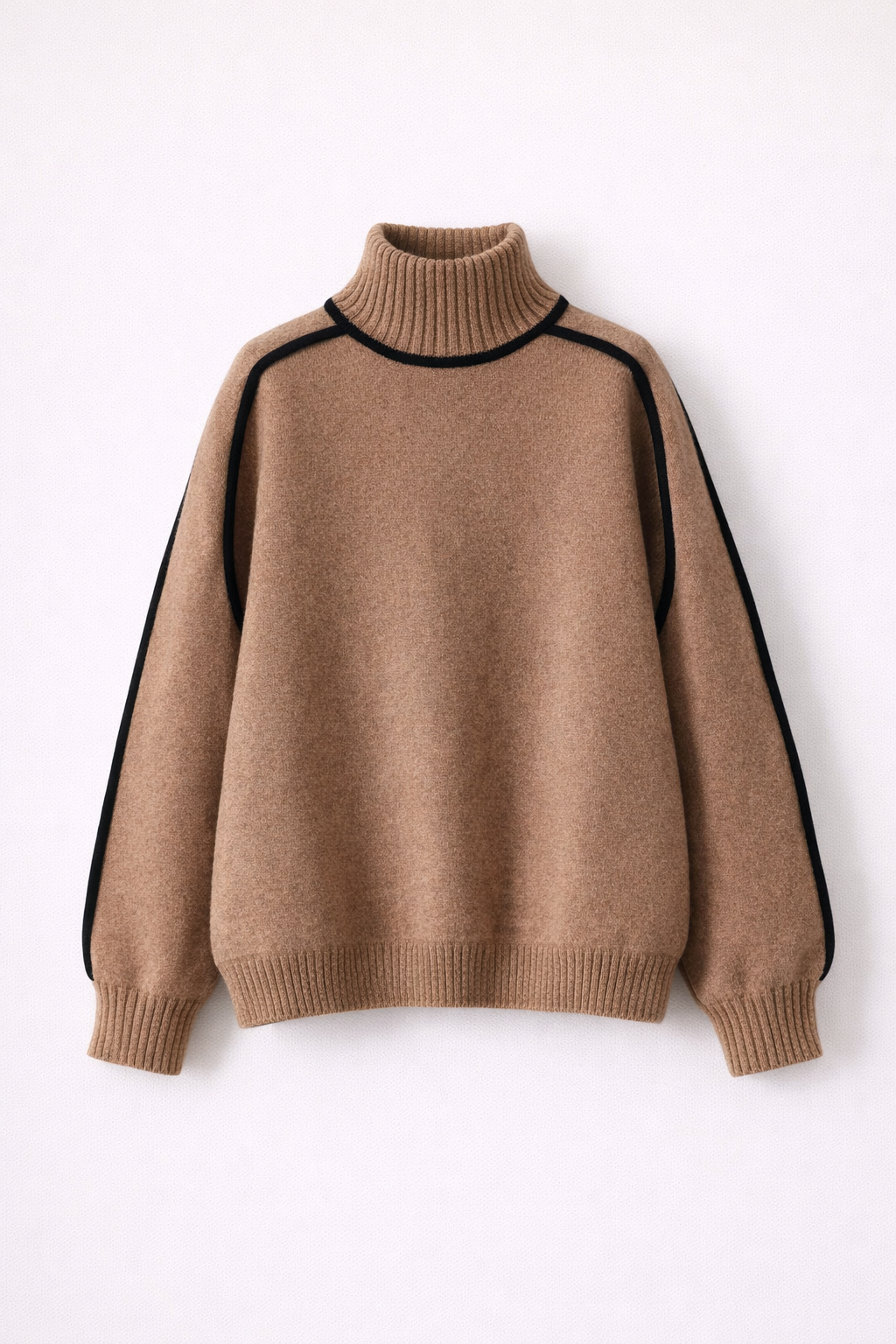 Elegante jersey de cuello alto de cachemira para mujer con finos detalles en contraste