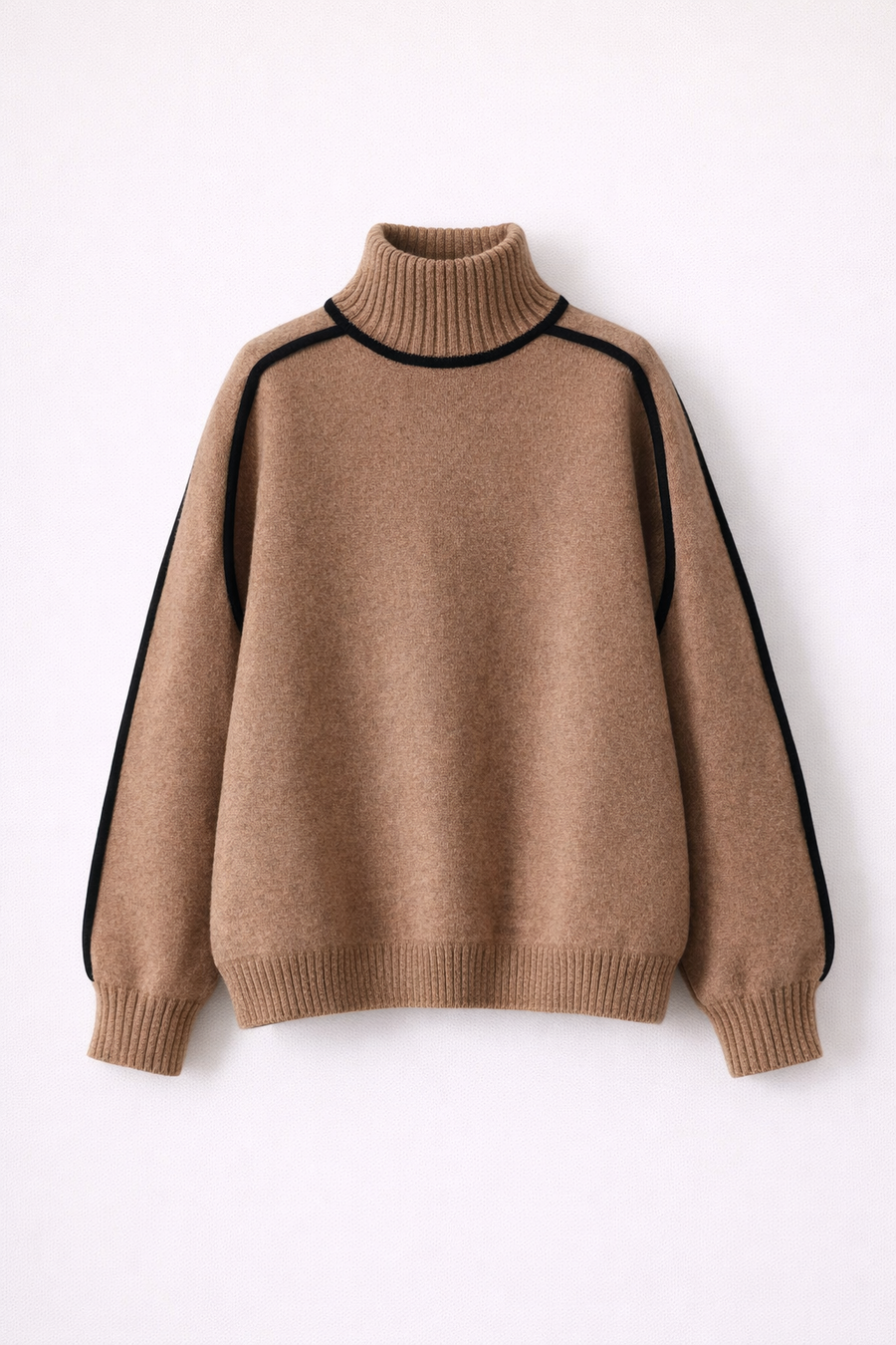 Elegante jersey de cuello alto de cachemira para mujer con finos detalles en contraste