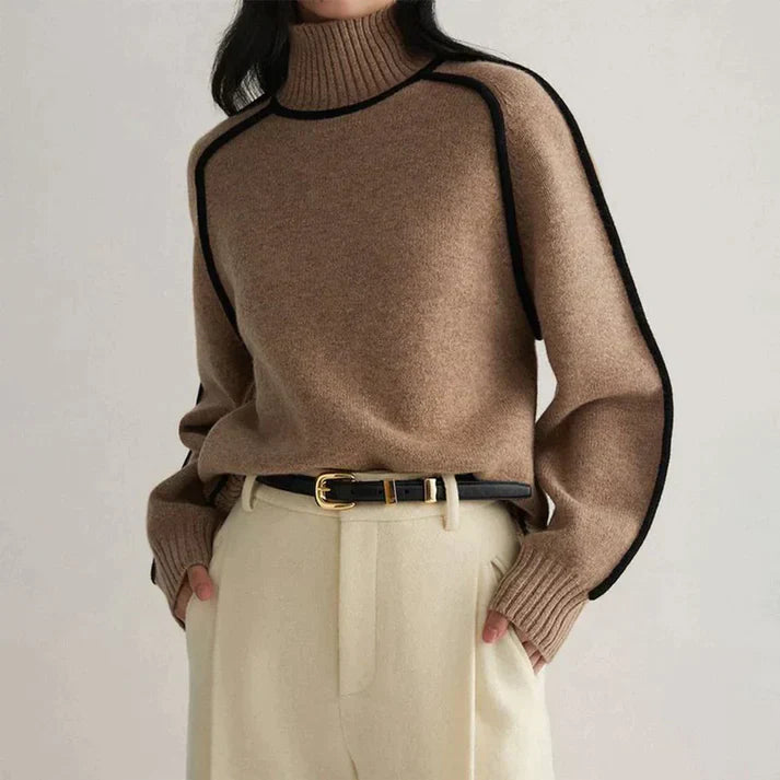 Elegante jersey de cuello alto de cachemira para mujer con finos detalles en contraste