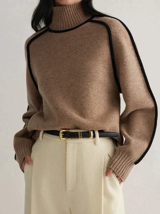 Elegante jersey de cuello alto de cachemira para mujer con finos detalles en contraste