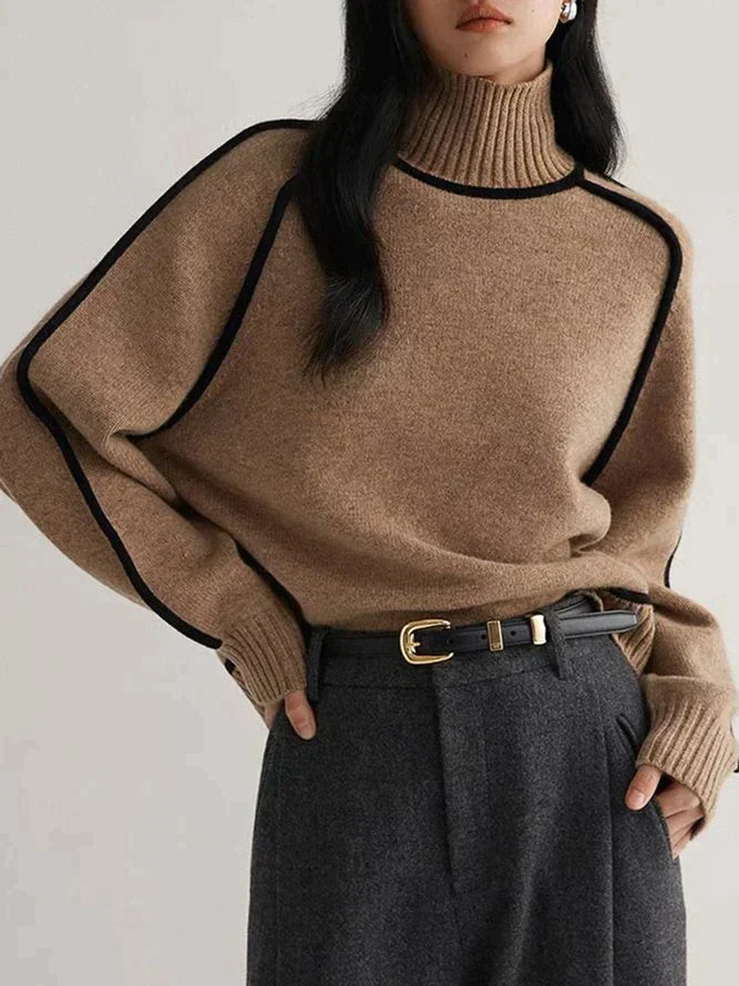 Elegante jersey de cuello alto de cachemira para mujer con finos detalles en contraste