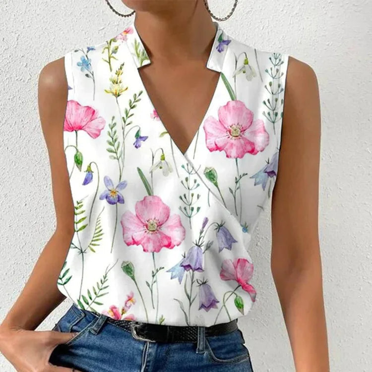 Elegante top floral sin mangas con cuello en V