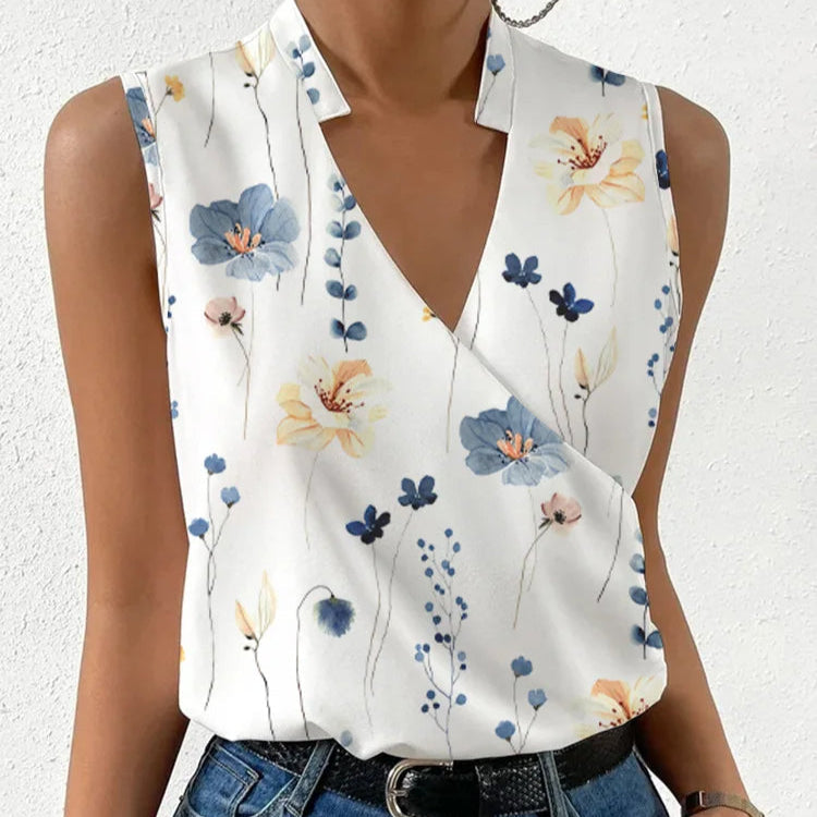Elegante top floral sin mangas con cuello en V