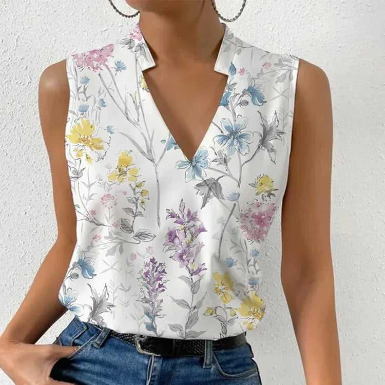 Elegante top floral sin mangas con cuello en V