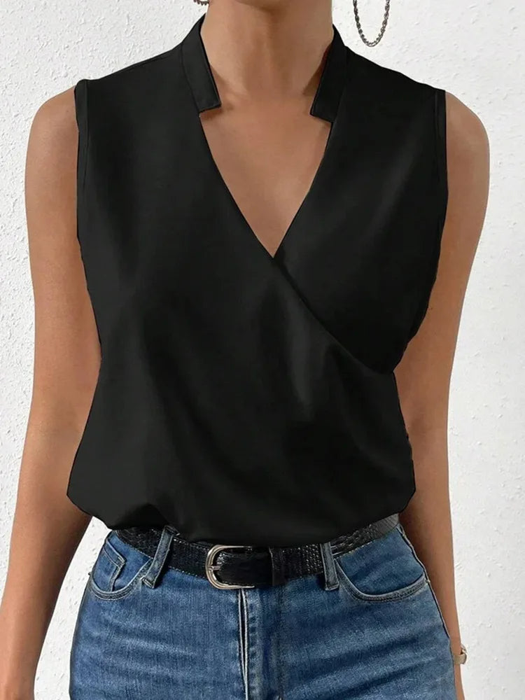Elegante top floral sin mangas con cuello en V
