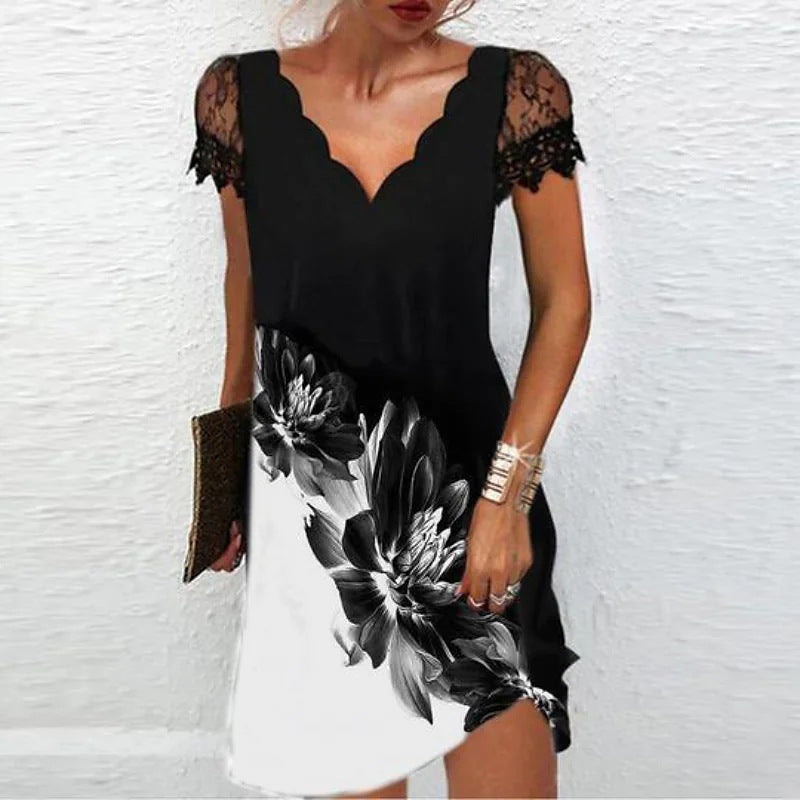 Elegante vestido corto tipo shift para mujer con manga corta y cuello en V