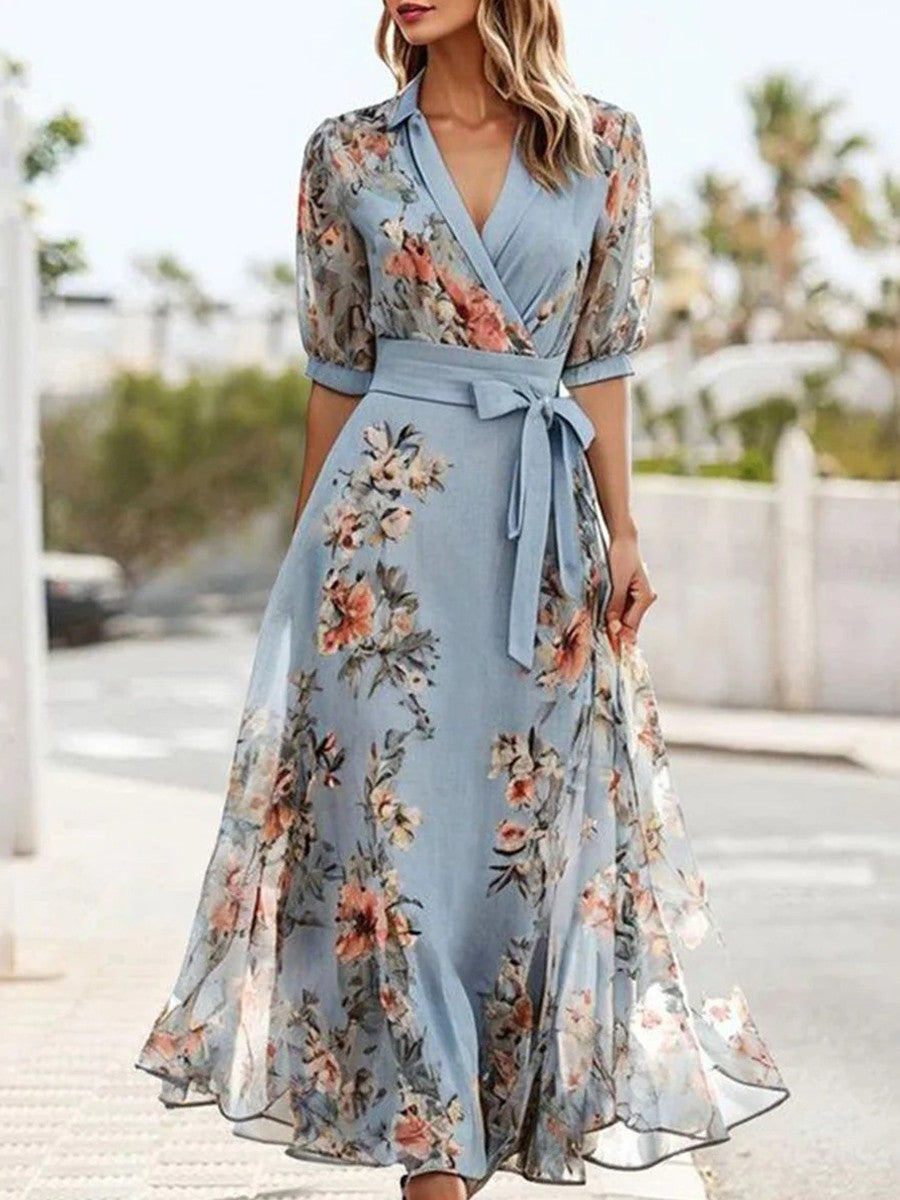 Elegante vestido maxi cruzado con estampado floral