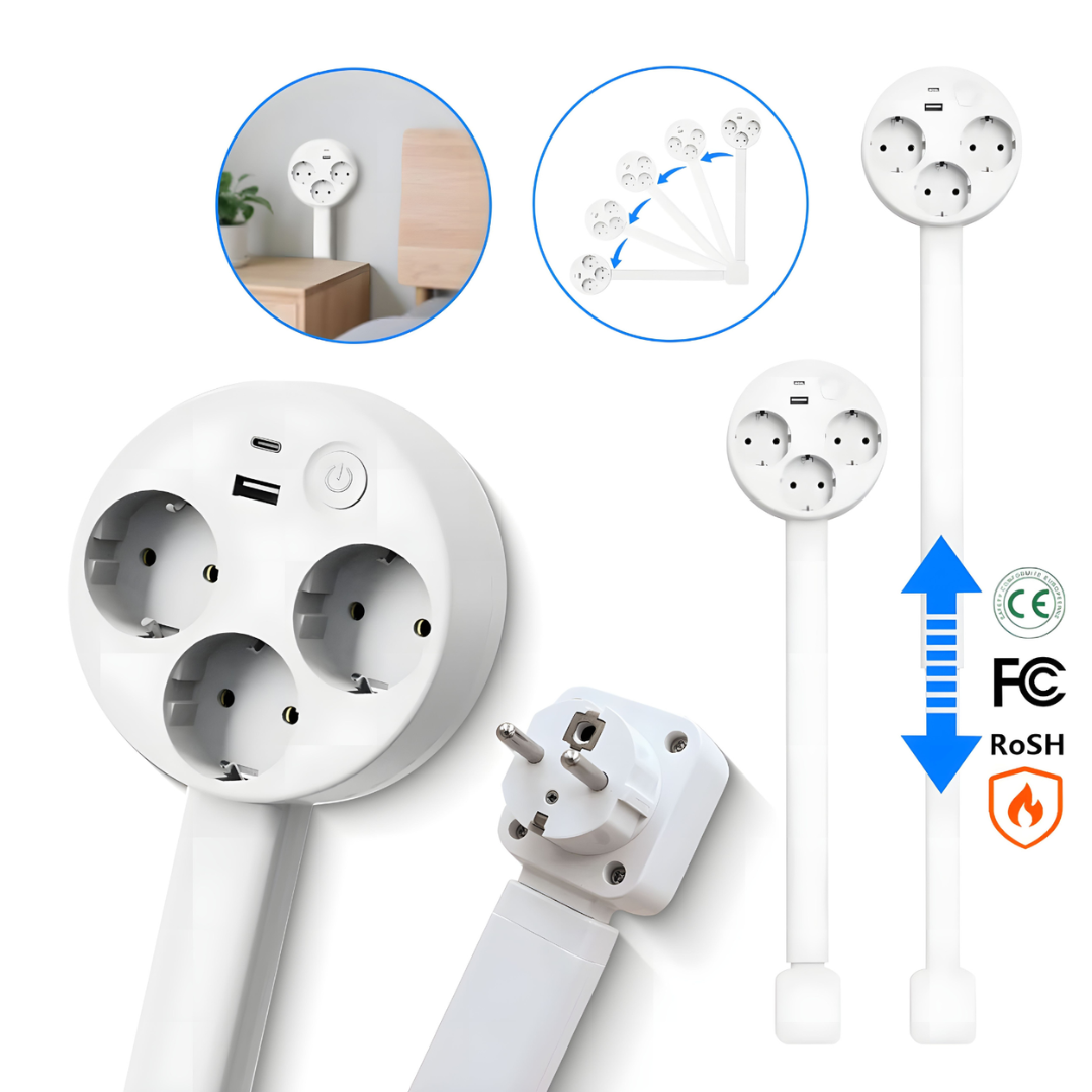 Enchufe múltiple extensible con USB y cabezal giratorio, 3 tomas, 47-67 cm, blanco