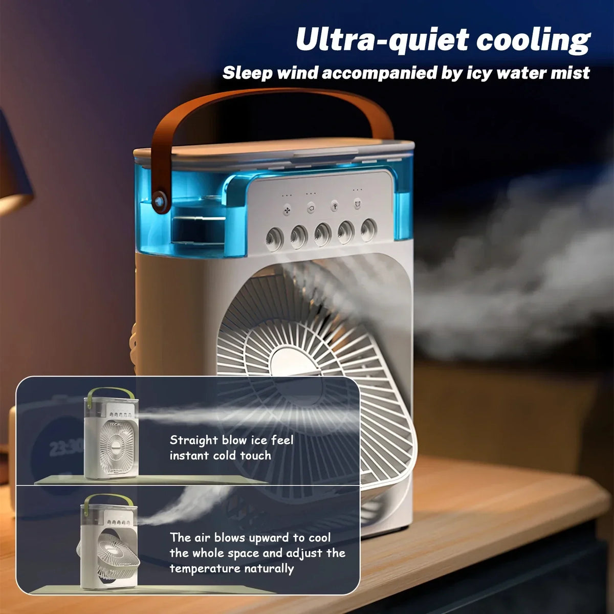 Enfriador de aire portátil 3 en 1 con humidificador y luz nocturna LED