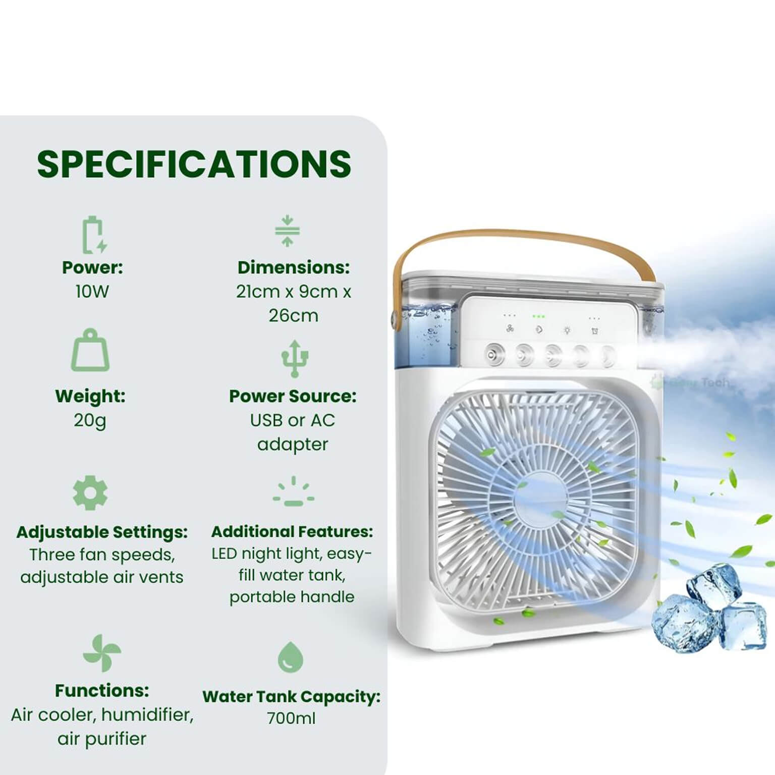 Enfriador de aire y humidificador 3 en 1: portátil, velocidades de ventilación ajustables, ideal para dormitorios, oficinas y espacios pequeños