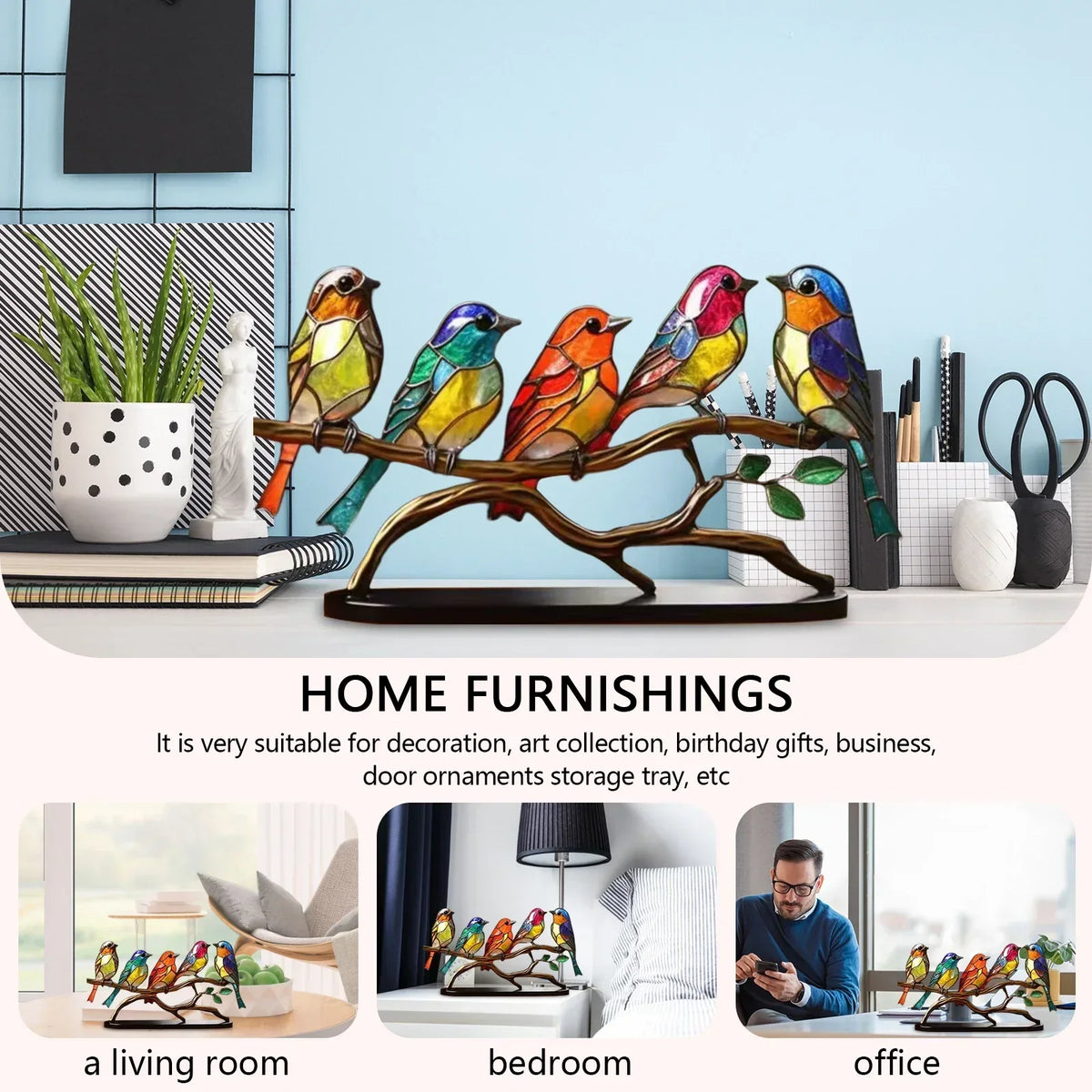 Escultura de pájaros en una rama de acrílico – Decoración artística y elegante para el hogar