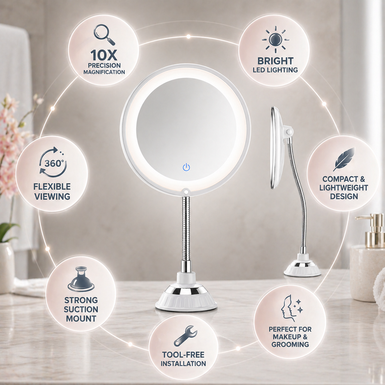 Espejo de baño de aumento con iluminación LED y brazo flexible