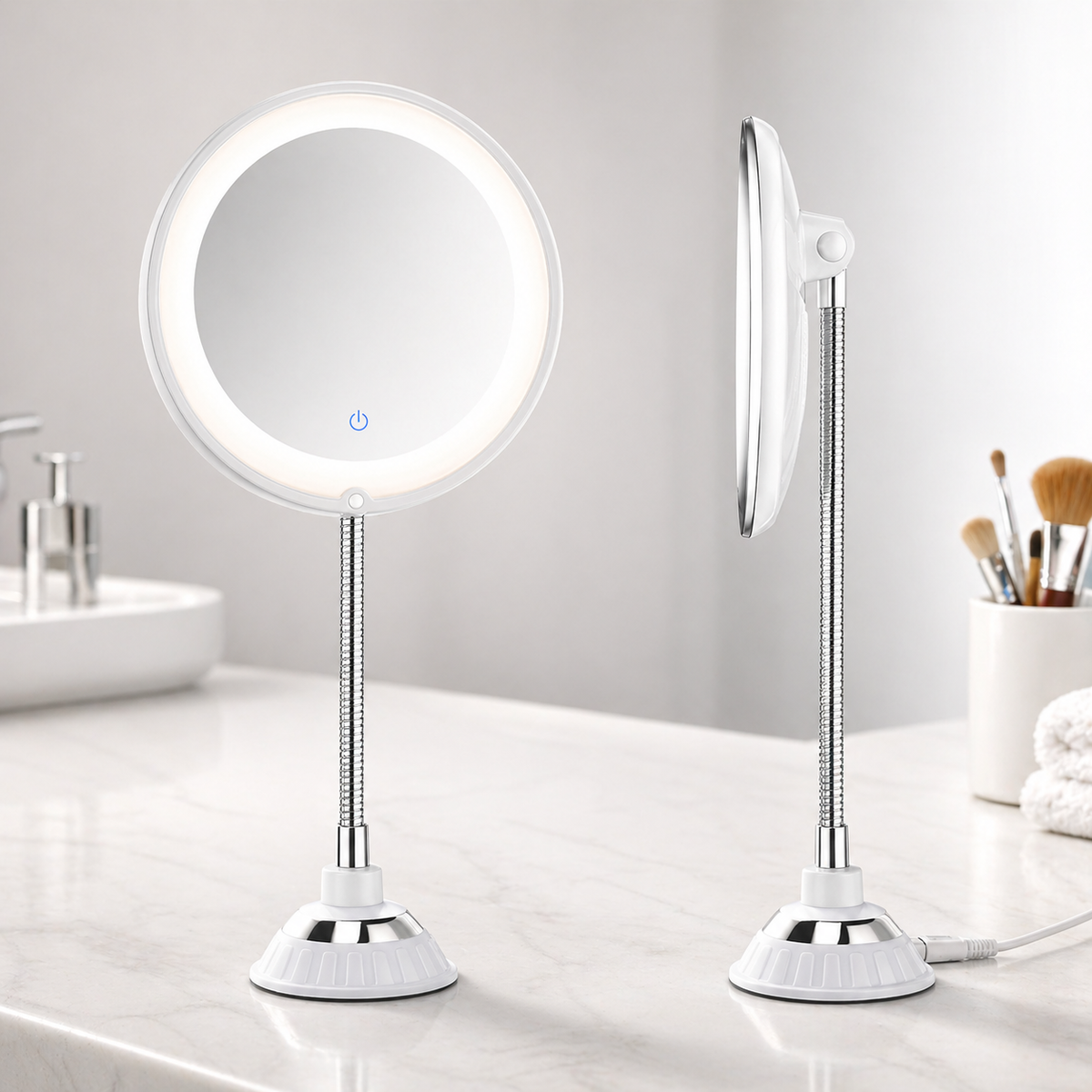 Espejo de baño de aumento con iluminación LED y brazo flexible