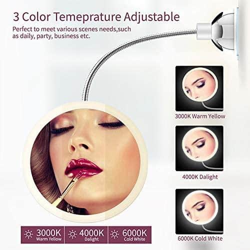 Espejo de maquillaje con luz LED y aumento con ventosa y brazo flexible