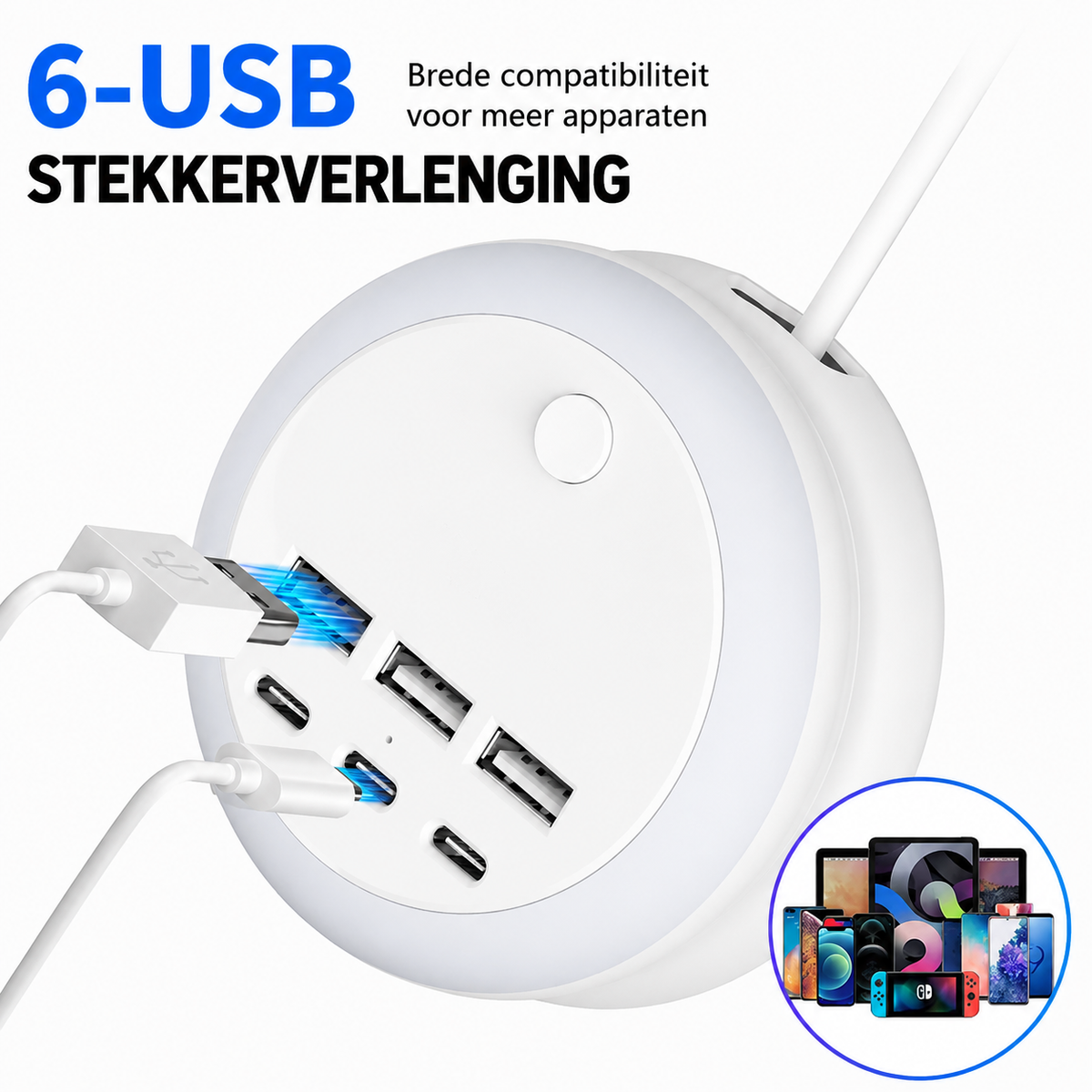Estación de carga USB 7 en 1 con cable retráctil e iluminación ambiental de 8 colores
