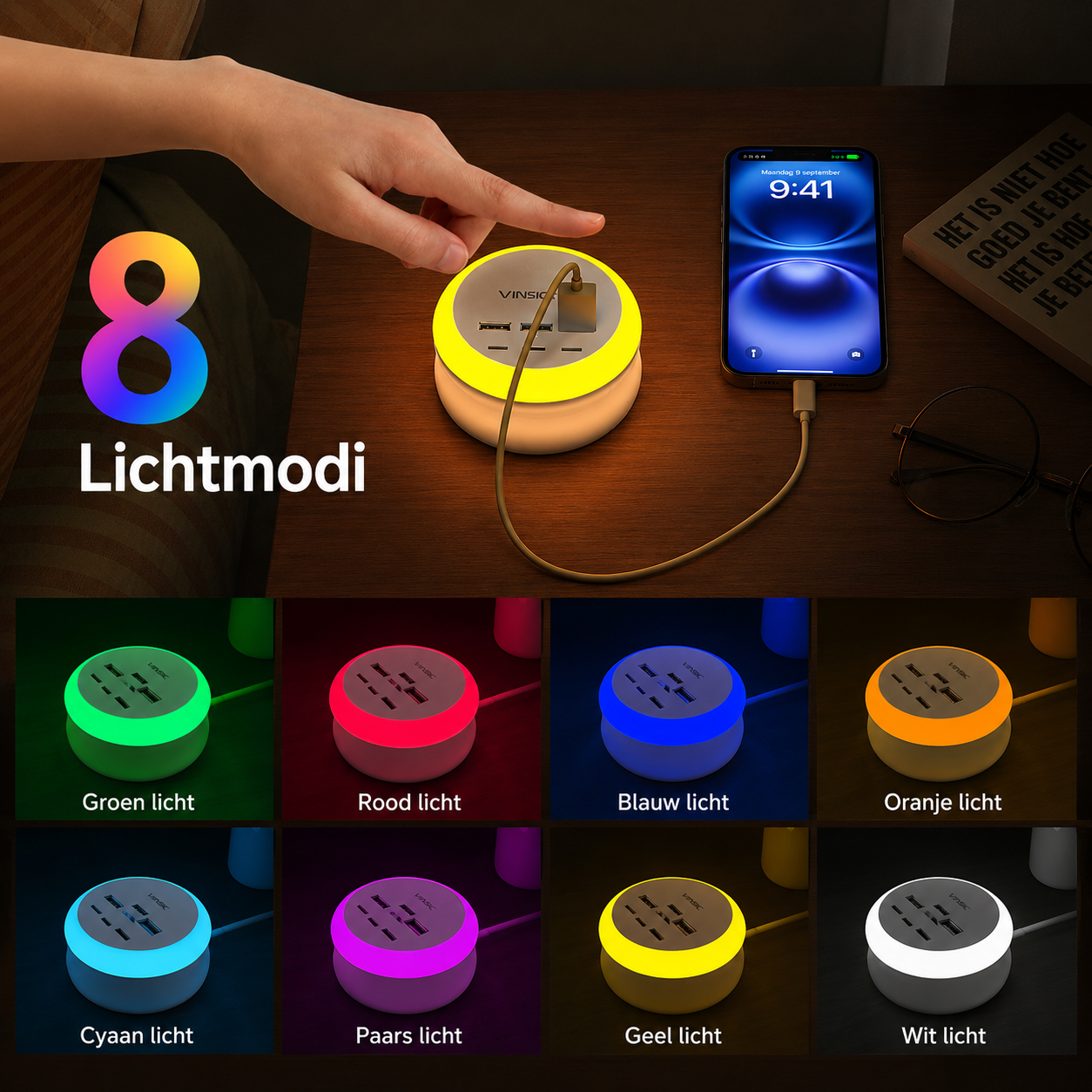 Estación de carga USB 7 en 1 con cable retráctil e iluminación ambiental de 8 colores