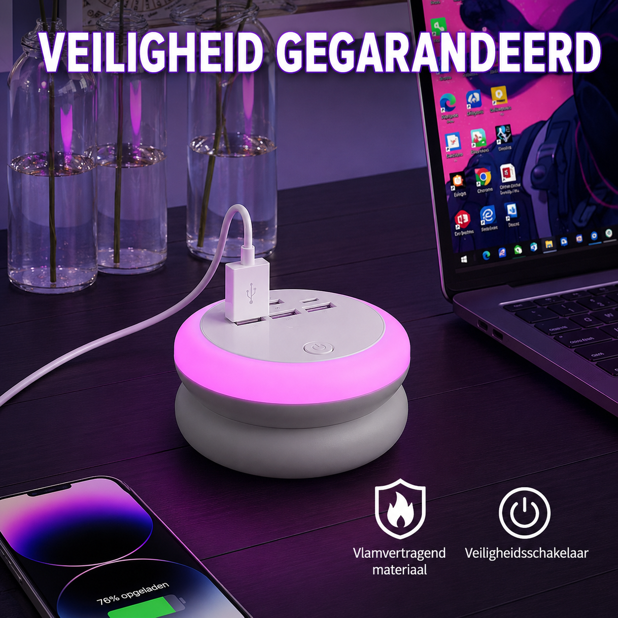 Estación de carga USB 7 en 1 con cable retráctil e iluminación ambiental de 8 colores