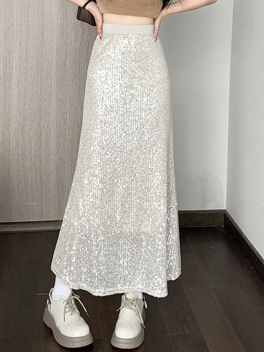 Falda maxi de talle alto para mujer | Diseño de lentejuelas
