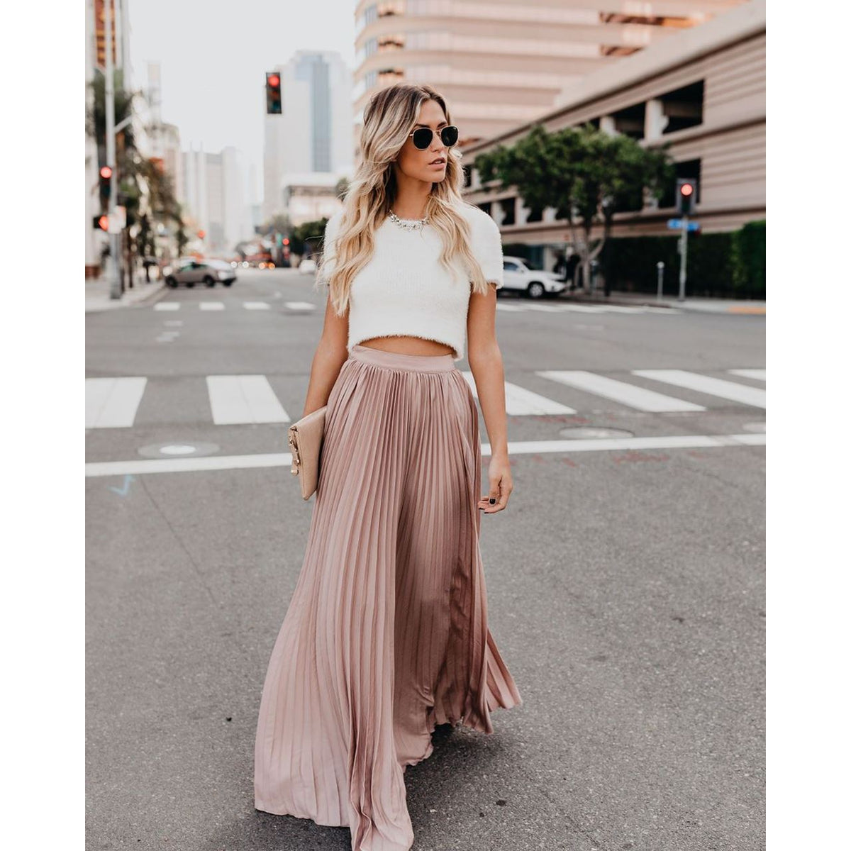 Falda maxi de talle alto para mujer | Pliegues suaves