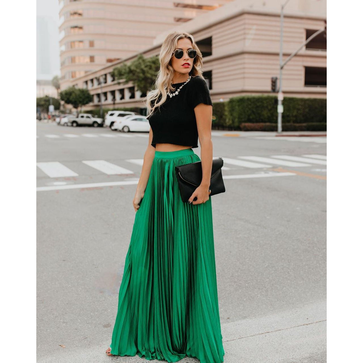 Falda maxi de talle alto para mujer | Pliegues suaves